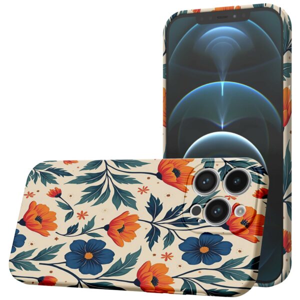 blauwe en oranje bloemen opdruk_iPhone 12 Pro telefoonhoesje met volledige rondom bedrukking (1)