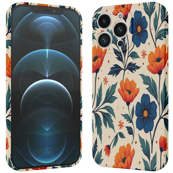 blauwe en oranje bloemen opdruk_iPhone 12 Pro telefoonhoesje met volledige rondom bedrukking (3)