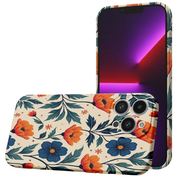 blauwe en oranje bloemen opdruk_iPhone 13 Pro telefoonhoesje met volledige rondom bedrukking (1)