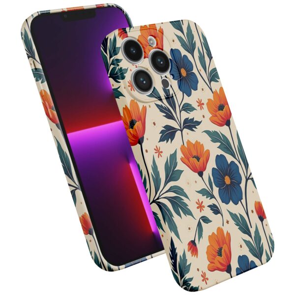 blauwe en oranje bloemen opdruk_iPhone 13 Pro telefoonhoesje met volledige rondom bedrukking (2)