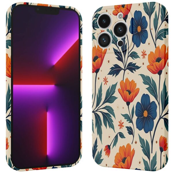 blauwe en oranje bloemen opdruk_iPhone 13 Pro telefoonhoesje met volledige rondom bedrukking (3)