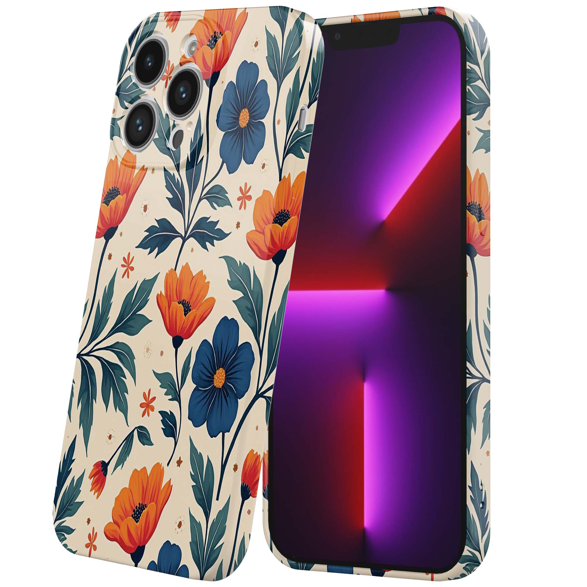 blauwe en oranje bloemen opdruk_iPhone 13 Pro telefoonhoesje met volledige rondom bedrukking (6)