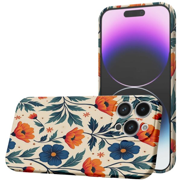 blauwe en oranje bloemen opdruk_iPhone 14 Pro Max telefoonhoesje met volledige rondom bedrukking (1)
