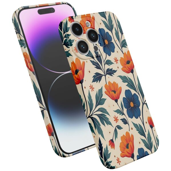 blauwe en oranje bloemen opdruk_iPhone 14 Pro Max telefoonhoesje met volledige rondom bedrukking (2)