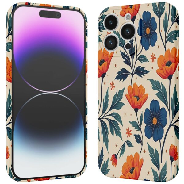 blauwe en oranje bloemen opdruk_iPhone 14 Pro Max telefoonhoesje met volledige rondom bedrukking (3)