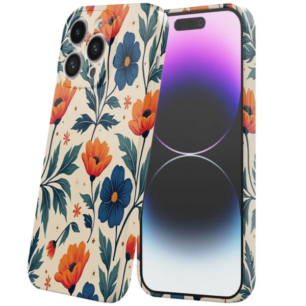 blauwe en oranje bloemen opdruk_iPhone 14 Pro Max telefoonhoesje met volledige rondom bedrukking (6)