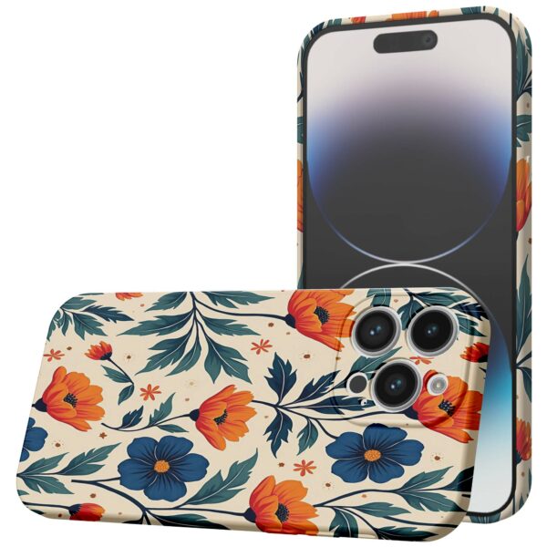 blauwe en oranje bloemen opdruk_iPhone 14 Pro telefoonhoesje met volledige rondom bedrukking (1)