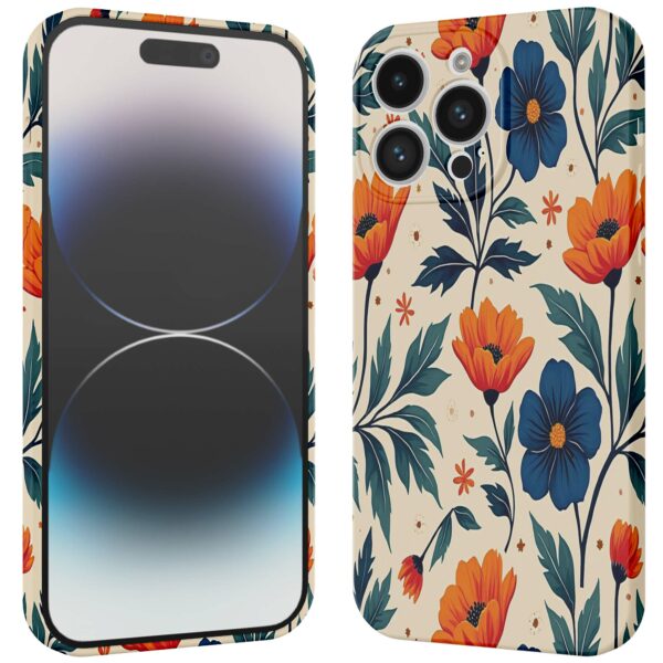 blauwe en oranje bloemen opdruk_iPhone 14 Pro telefoonhoesje met volledige rondom bedrukking (3)