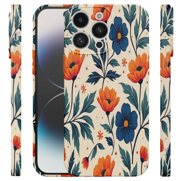 blauwe en oranje bloemen opdruk_iPhone 14 Pro telefoonhoesje met volledige rondom bedrukking (4)