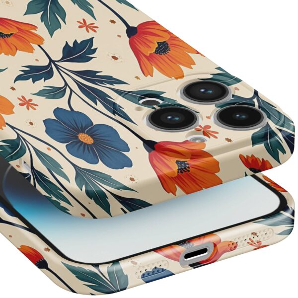 blauwe en oranje bloemen opdruk_iPhone 14 Pro telefoonhoesje met volledige rondom bedrukking (5)