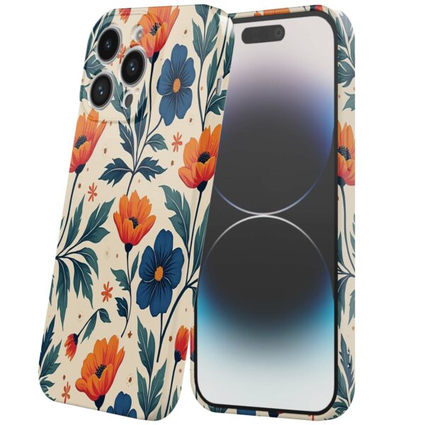 blauwe en oranje bloemen opdruk_iPhone 14 Pro telefoonhoesje met volledige rondom bedrukking (6)