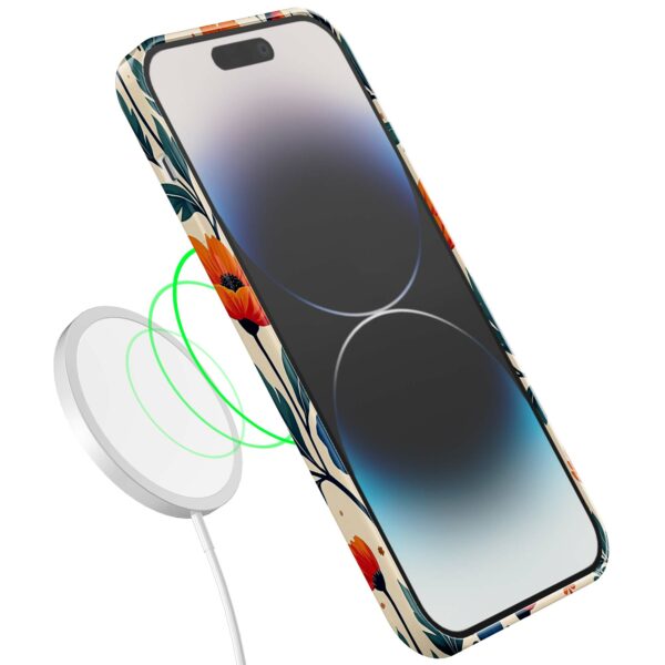 blauwe en oranje bloemen opdruk_iPhone 14 Pro telefoonhoesje met volledige rondom bedrukking (7)
