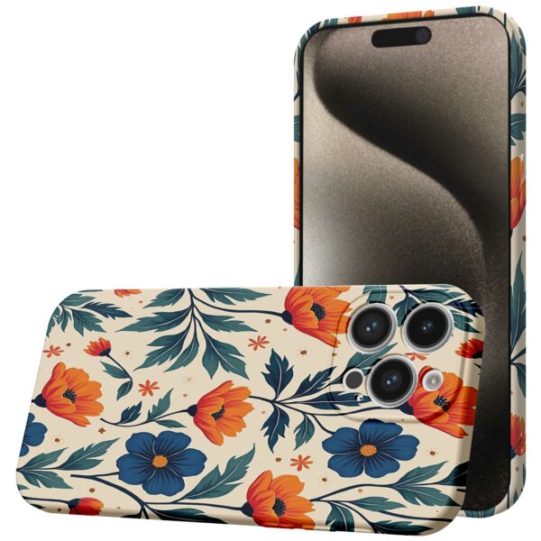 blauwe en oranje bloemen opdruk_iPhone 15 Pro Max telefoonhoesje met volledige rondom bedrukking (1)