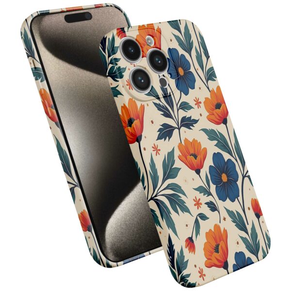 blauwe en oranje bloemen opdruk_iPhone 15 Pro Max telefoonhoesje met volledige rondom bedrukking (2)