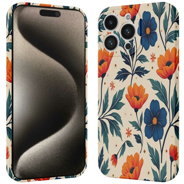 blauwe en oranje bloemen opdruk_iPhone 15 Pro Max telefoonhoesje met volledige rondom bedrukking (3)