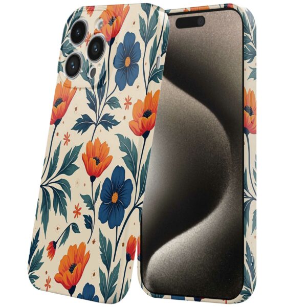 blauwe en oranje bloemen opdruk_iPhone 15 Pro Max telefoonhoesje met volledige rondom bedrukking (6)