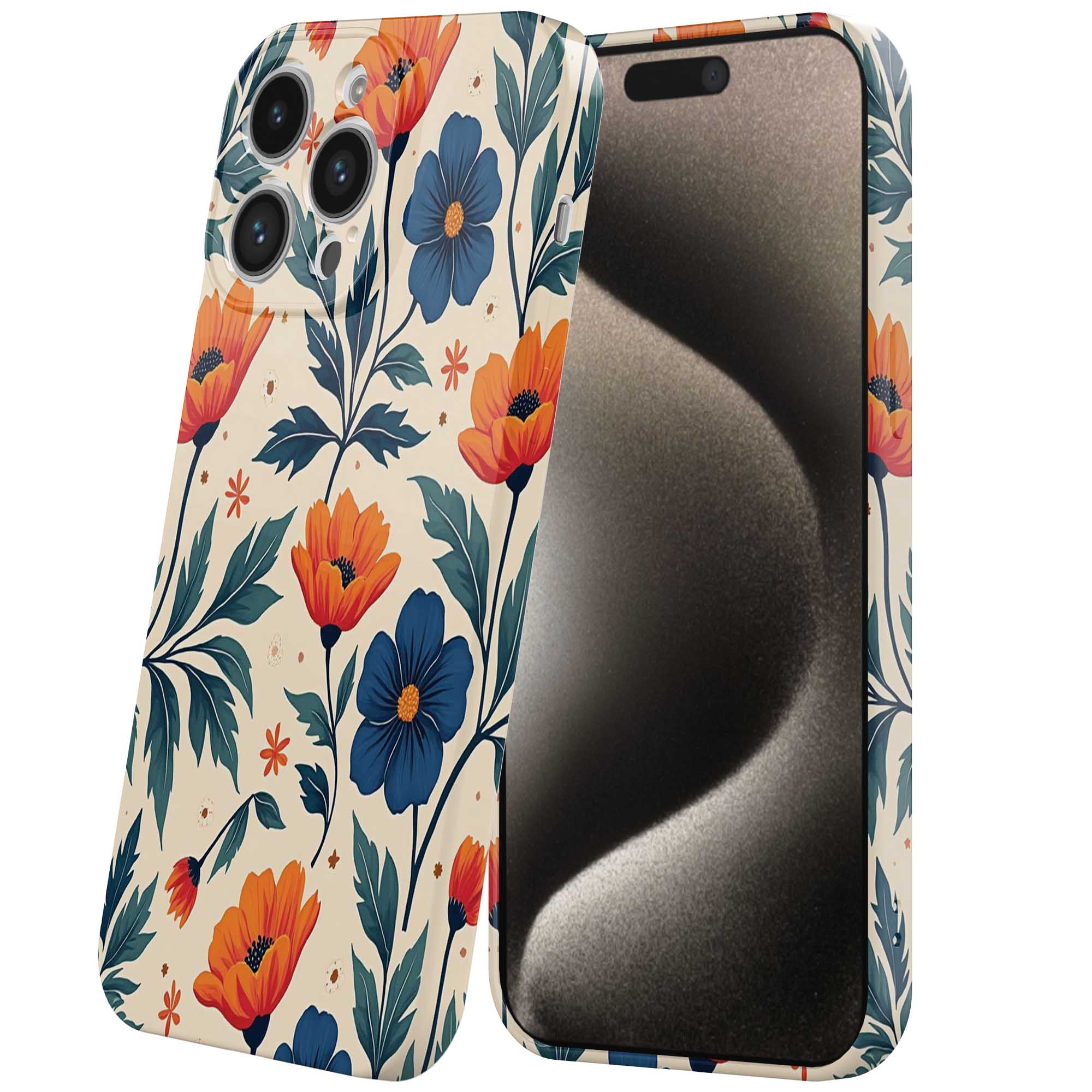 blauwe en oranje bloemen opdruk_iPhone 15 Pro Max telefoonhoesje met volledige rondom bedrukking (6)