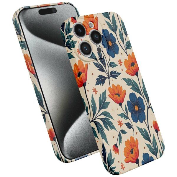 blauwe en oranje bloemen opdruk_iPhone 15 Pro telefoonhoesje met volledige rondom bedrukking (2)