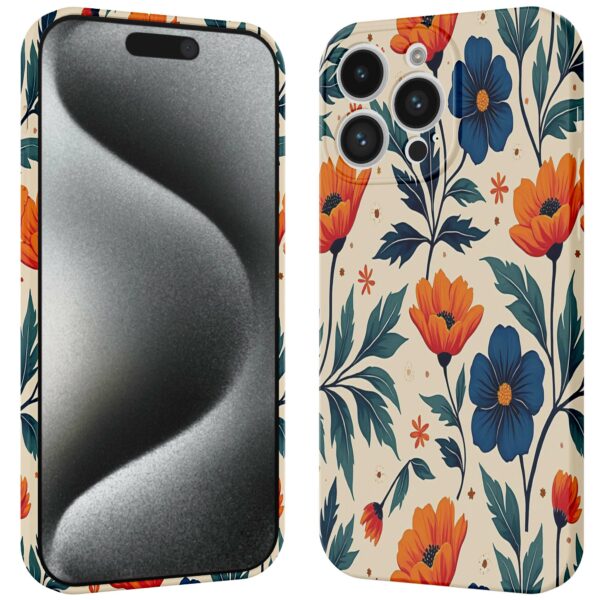 blauwe en oranje bloemen opdruk_iPhone 15 Pro telefoonhoesje met volledige rondom bedrukking (3)