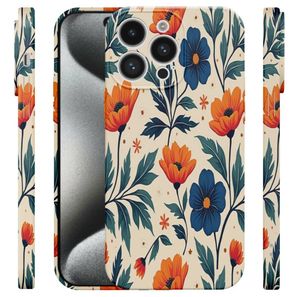 blauwe en oranje bloemen opdruk_iPhone 15 Pro telefoonhoesje met volledige rondom bedrukking (4)