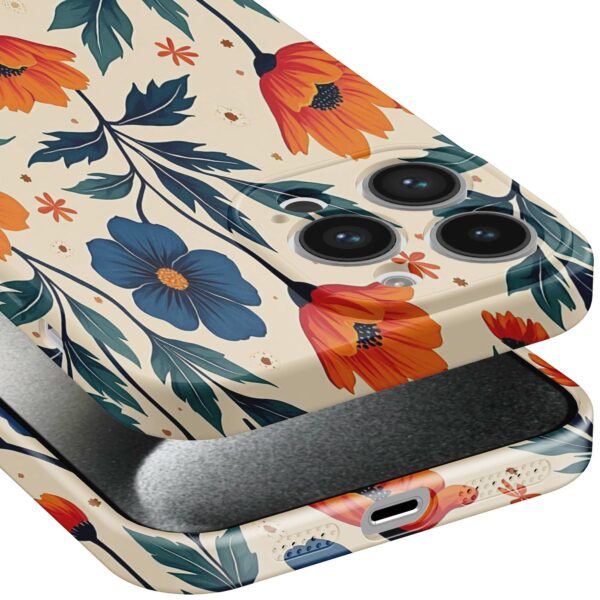 blauwe en oranje bloemen opdruk_iPhone 15 Pro telefoonhoesje met volledige rondom bedrukking (5)