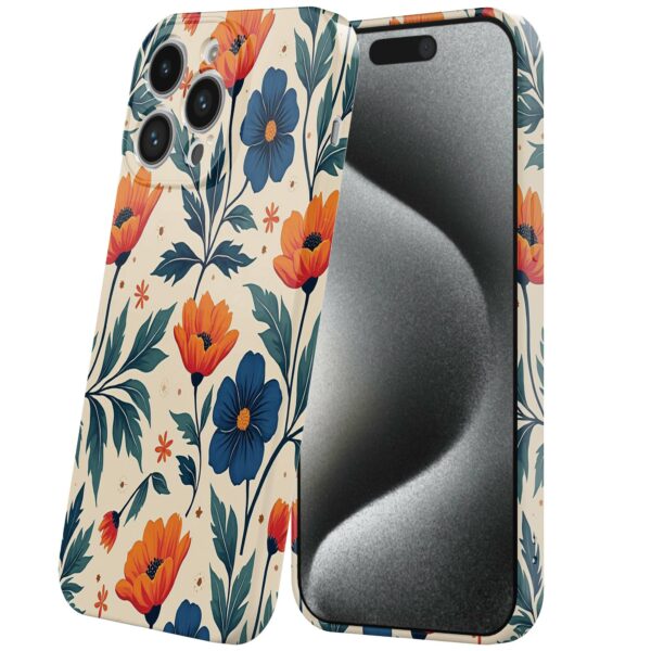 blauwe en oranje bloemen opdruk_iPhone 15 Pro telefoonhoesje met volledige rondom bedrukking (6)
