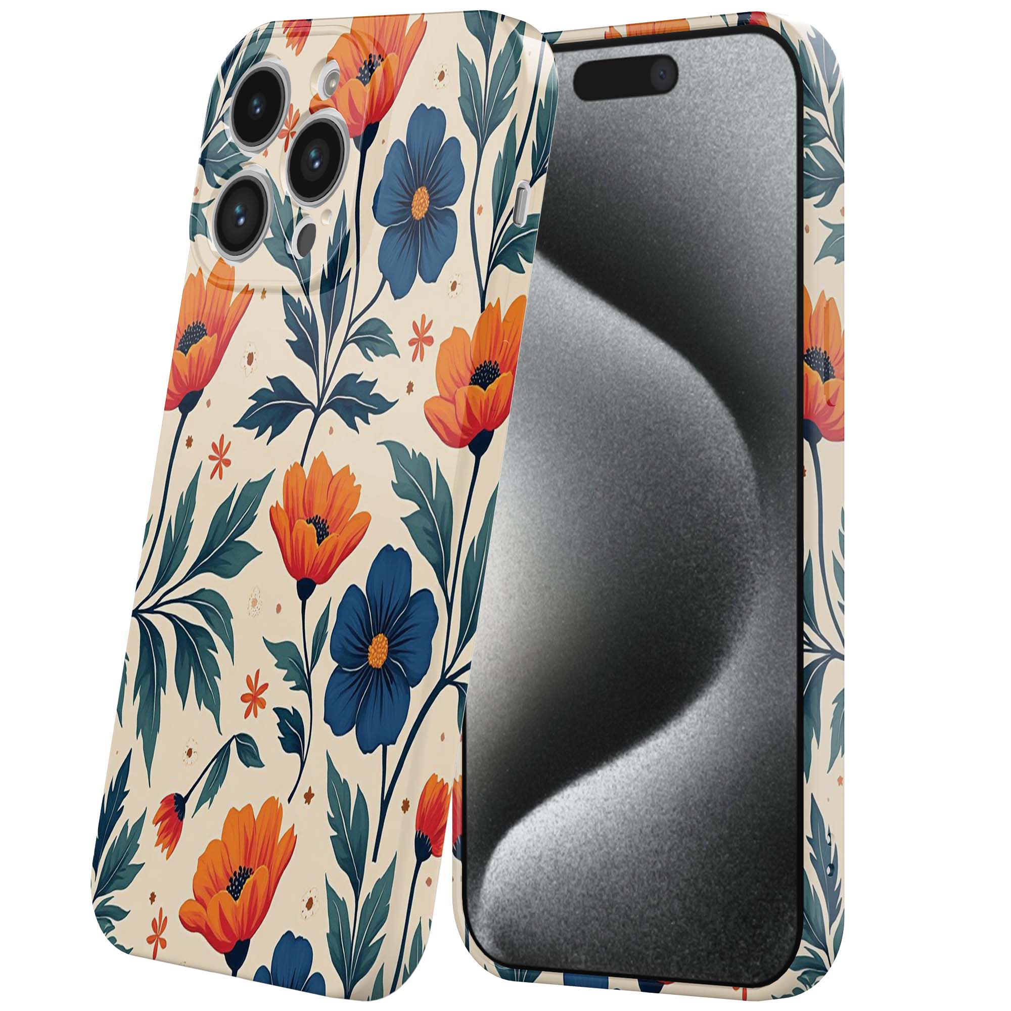 blauwe en oranje bloemen opdruk_iPhone 15 Pro telefoonhoesje met volledige rondom bedrukking (6)
