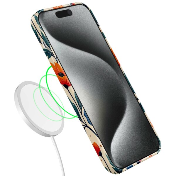 blauwe en oranje bloemen opdruk_iPhone 15 Pro telefoonhoesje met volledige rondom bedrukking (7)