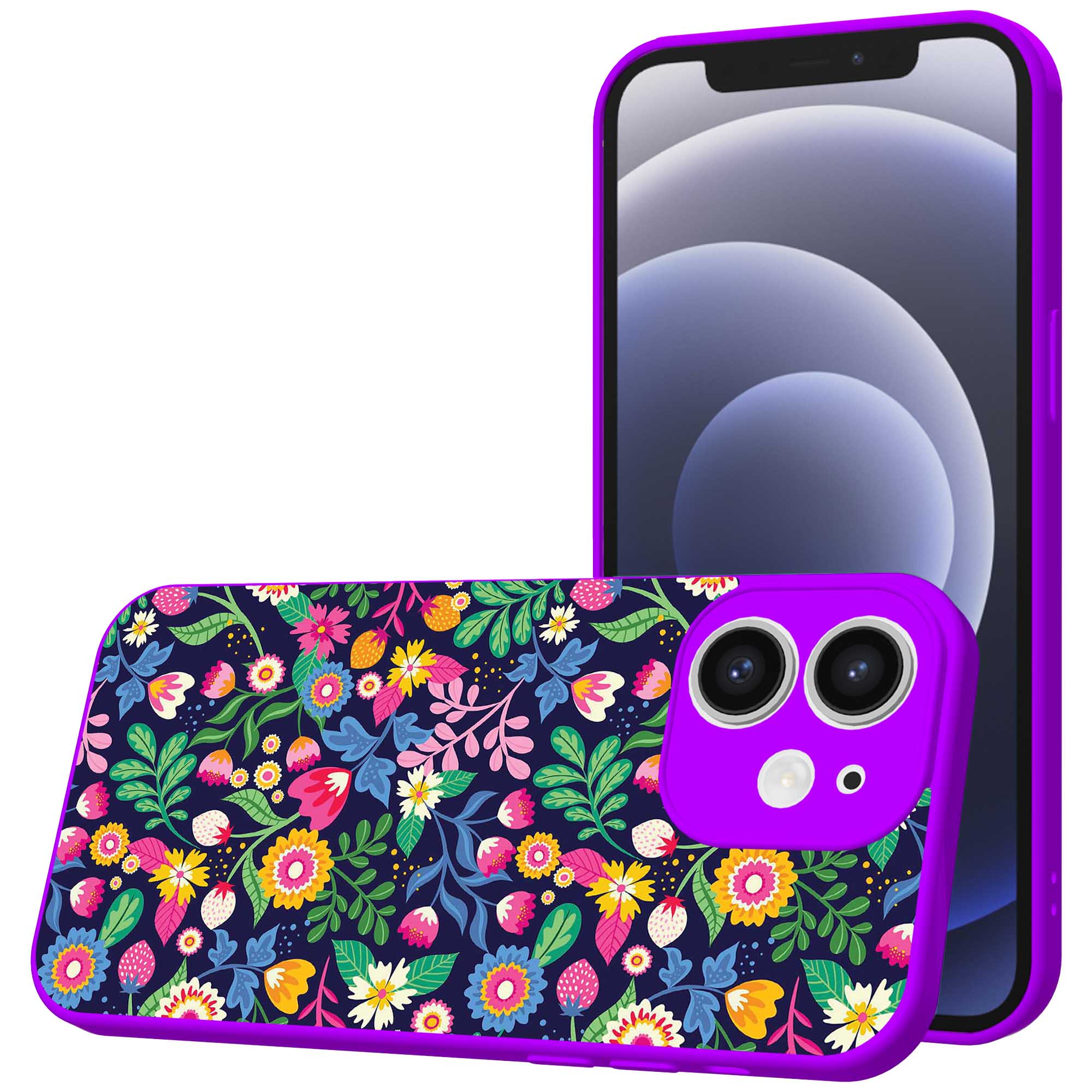 bloemen opdruk_iPhone 12 Telefoonhoesje met paars rand (1)