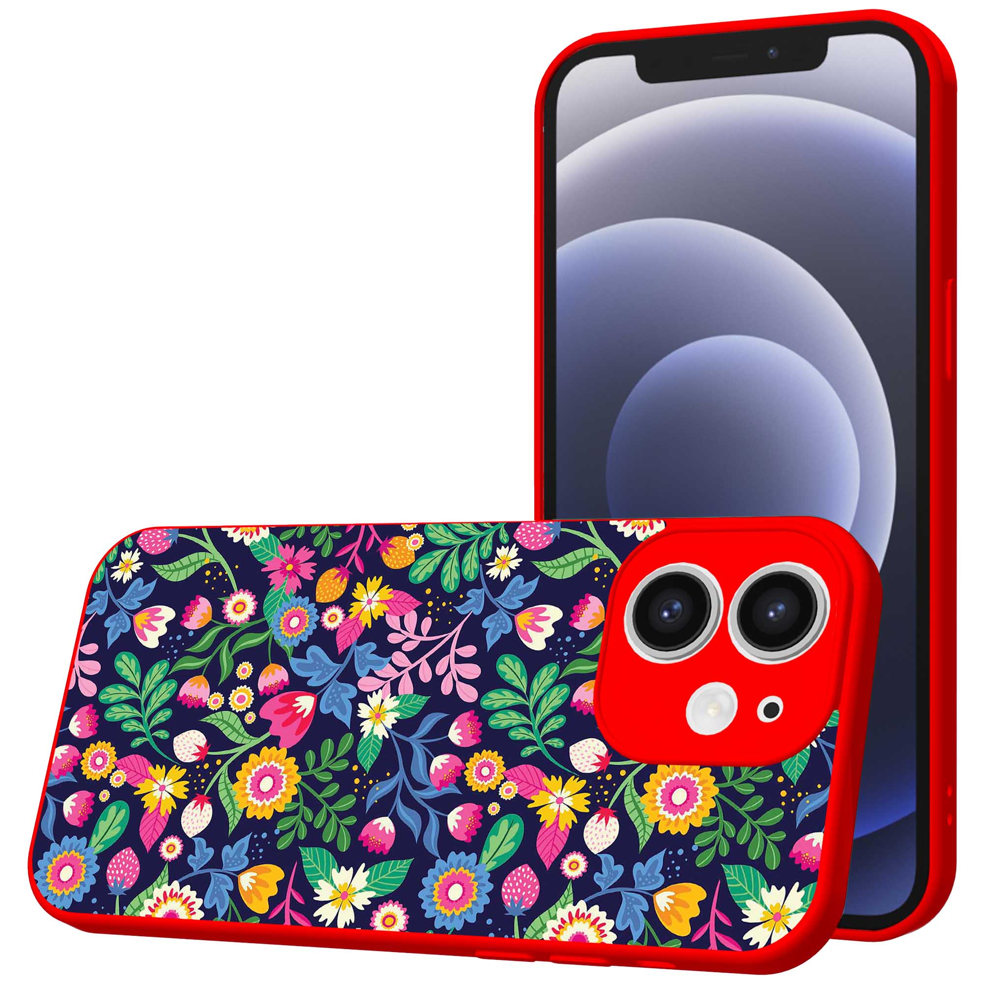 bloemen opdruk_iPhone 12 Telefoonhoesje met rode rand (1)