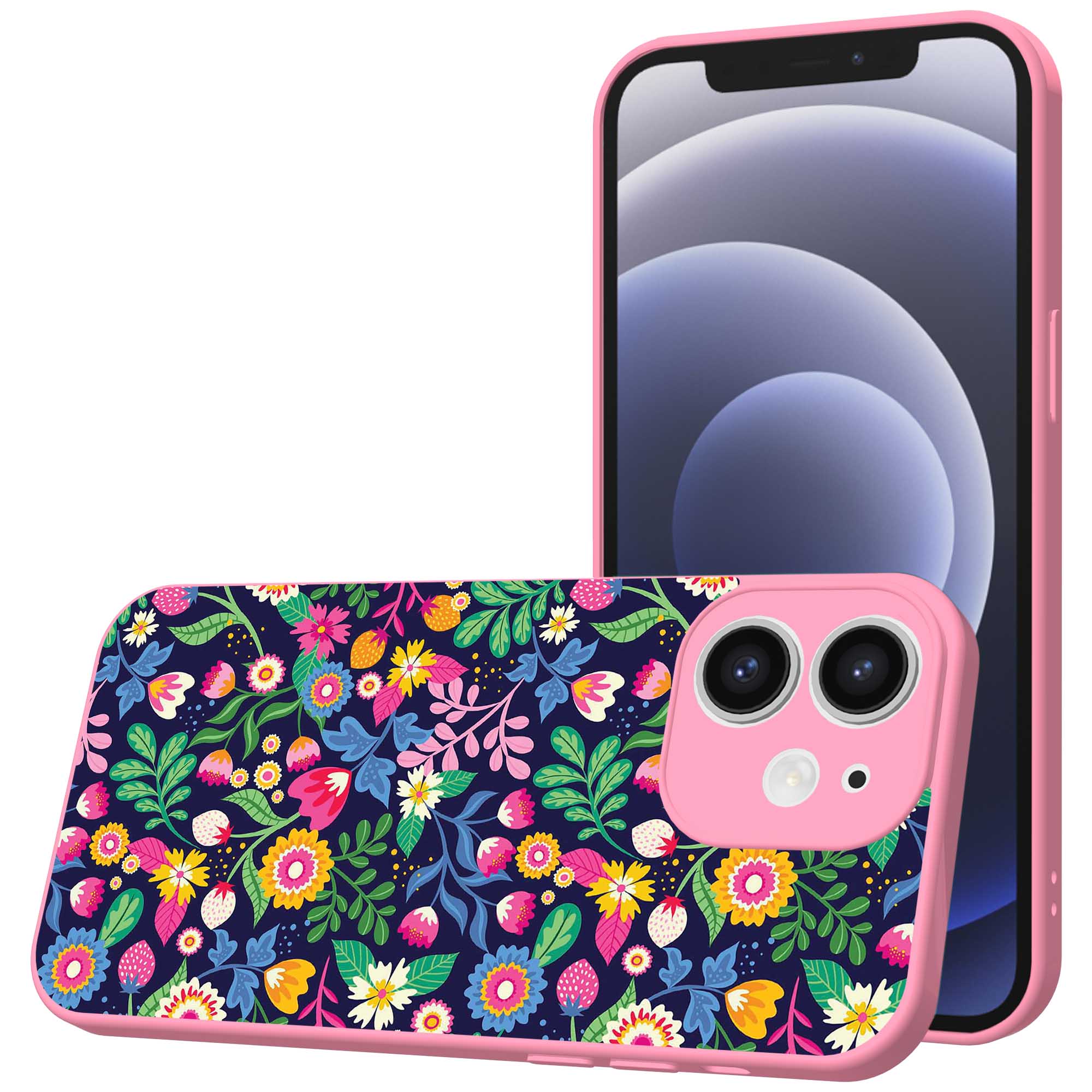 bloemen opdruk_iPhone 12 Telefoonhoesje met roze rand (1)