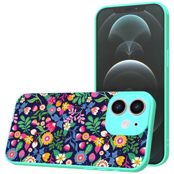 bloemen opdruk_iPhone 12 Telefoonhoesje met turquoise rand (1)