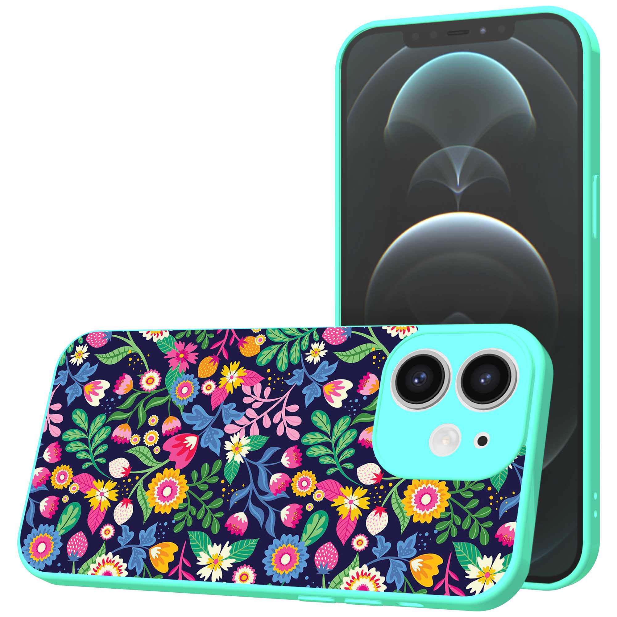 bloemen opdruk_iPhone 12 Telefoonhoesje met turquoise rand (1)