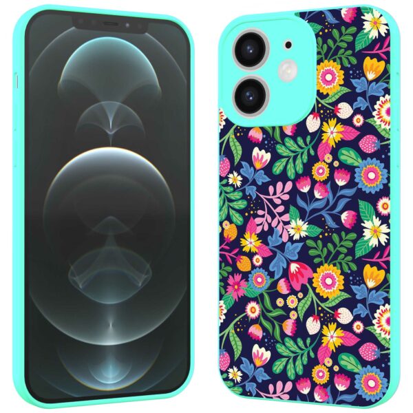 bloemen opdruk_iPhone 12 Telefoonhoesje met turquoise rand (2)