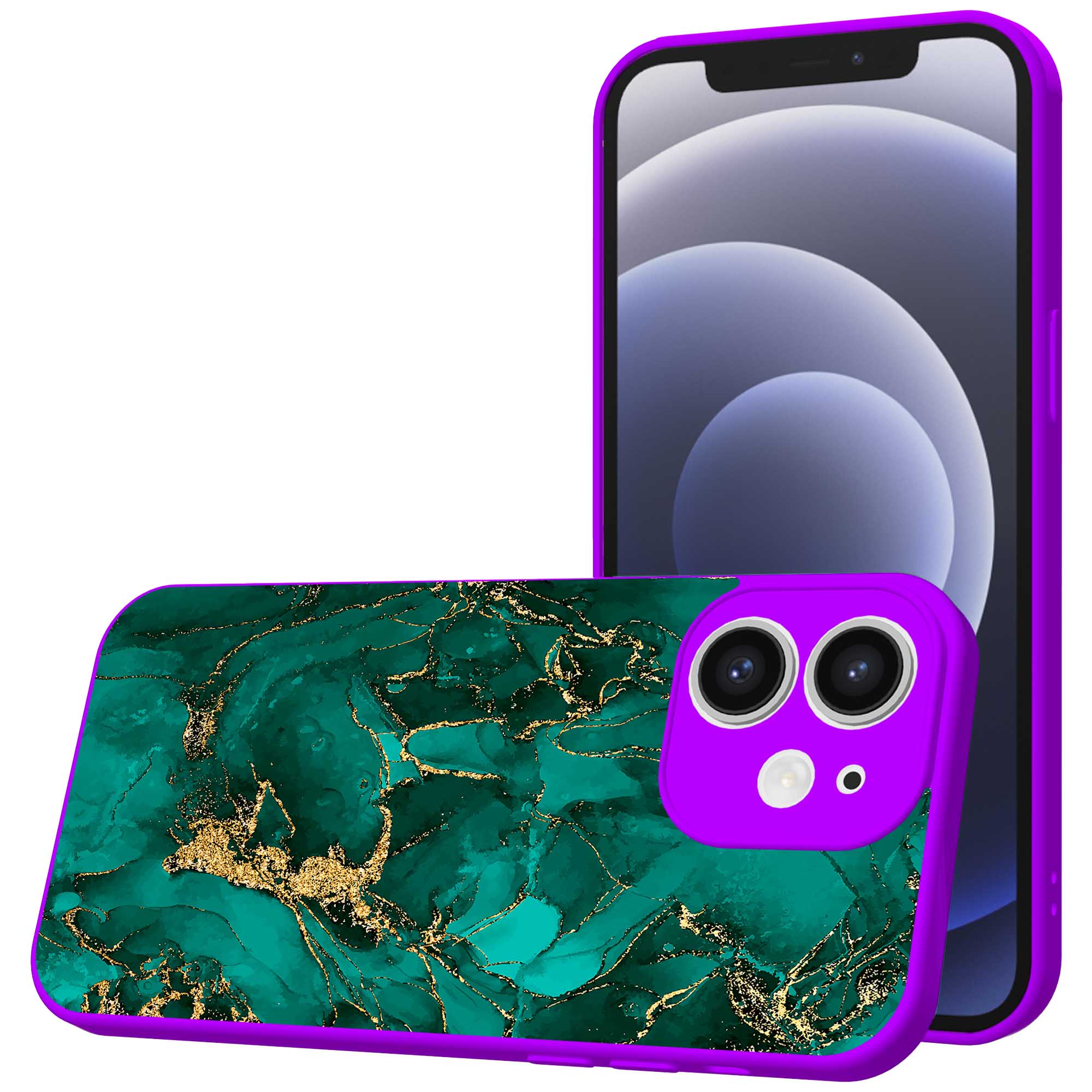 groen goud marmer opdruk_iPhone 12 Telefoonhoesje met paars rand (1)