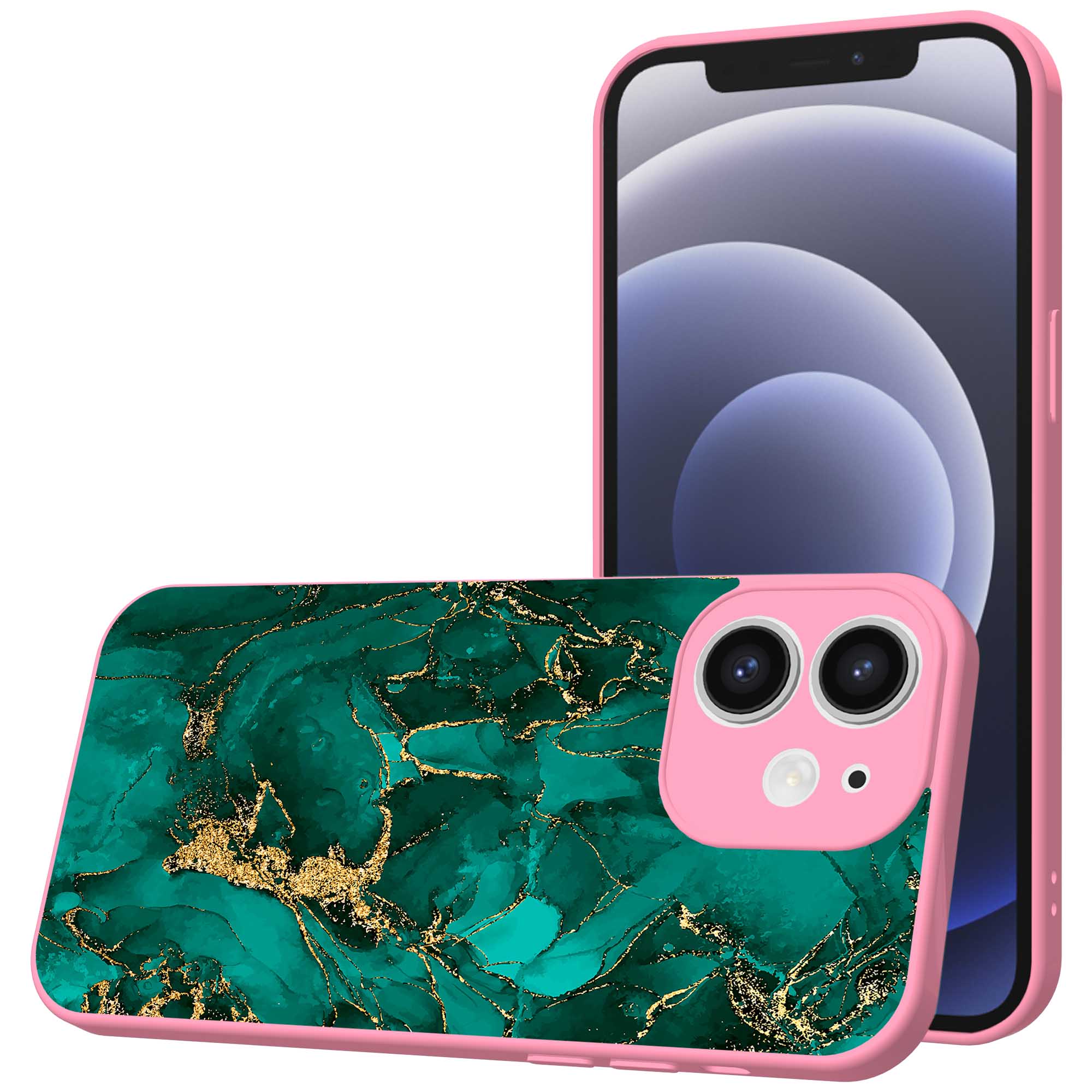 groen goud marmer opdruk_iPhone 12 Telefoonhoesje met roze rand (1)