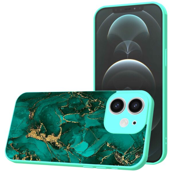 groen goud marmer opdruk_iPhone 12 Telefoonhoesje met turquoise rand (1)
