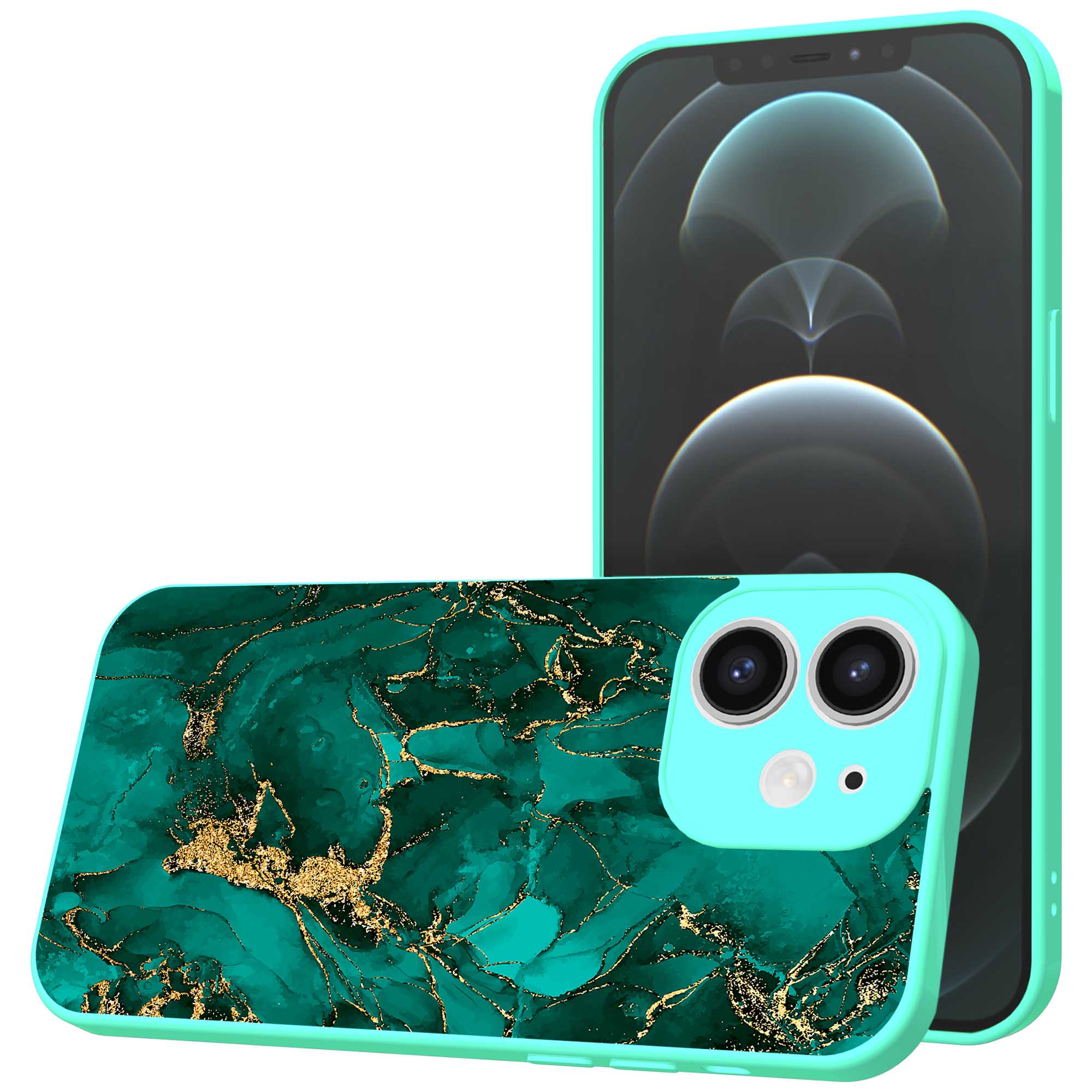 groen goud marmer opdruk_iPhone 12 Telefoonhoesje met turquoise rand (1)