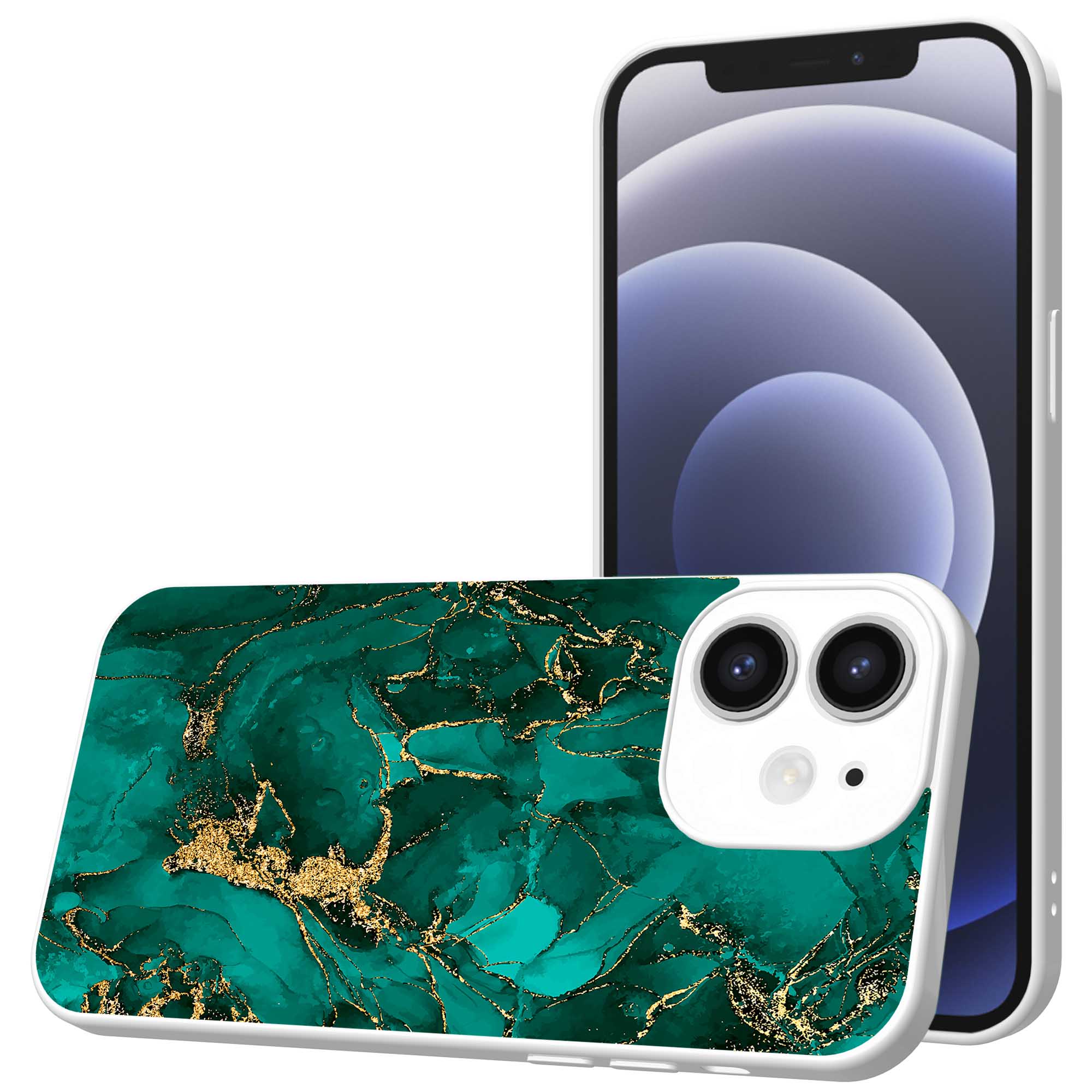 groen goud marmer opdruk_iPhone 12 Telefoonhoesje met witte rand (1)
