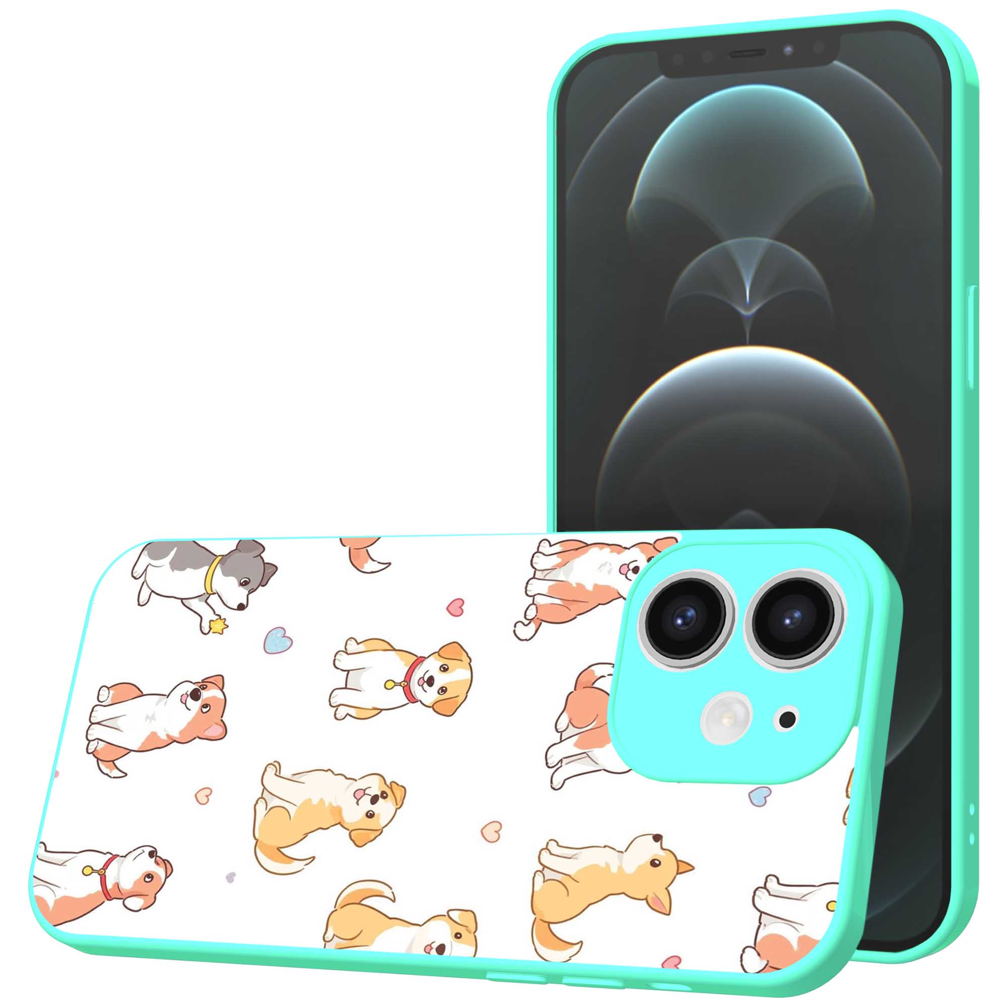 honden opdruk_iPhone 12 Telefoonhoesje met turquoise rand (1)