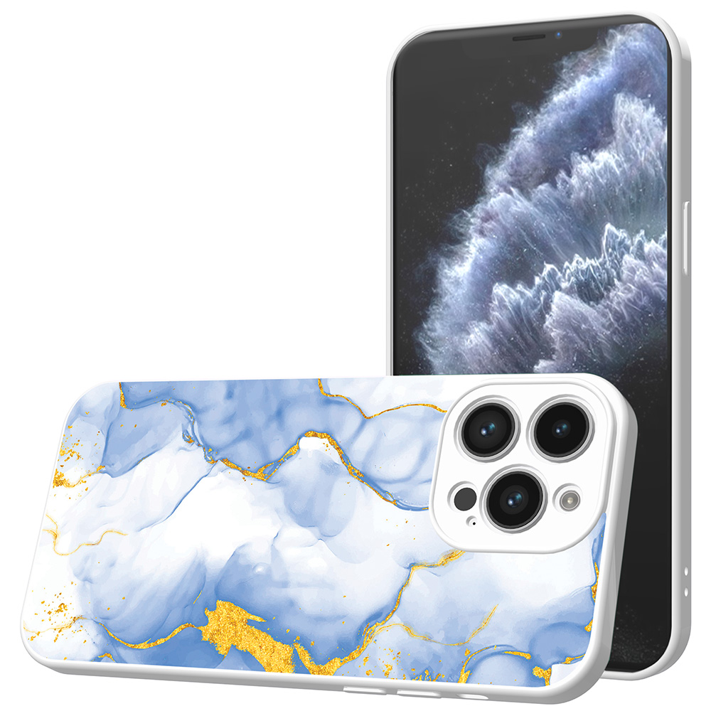 iPhone 11 Pro Max telefoonhoesje met lichtblauw goud marmer opdruk wit (1)