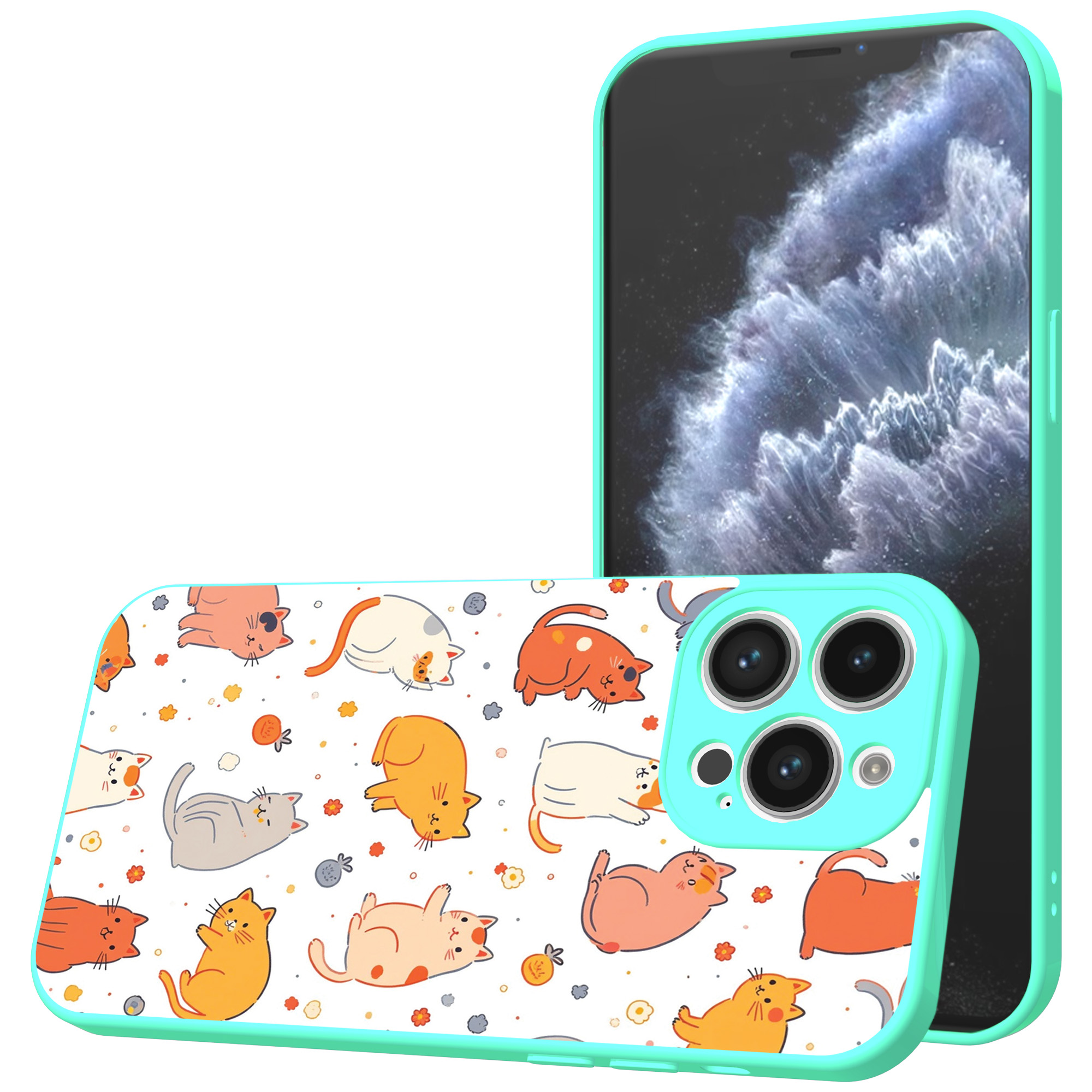 iPhone 11 Pro telefoonhoesje katten en poezen opdruk turqoise (1)