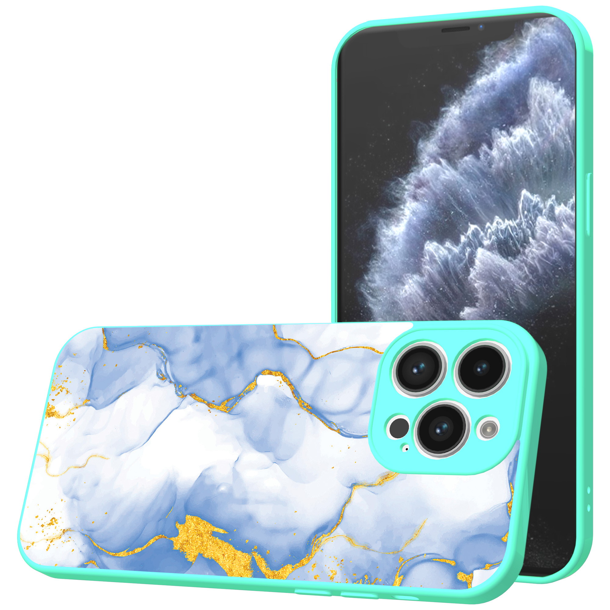 iPhone 11 Pro telefoonhoesje met lichtblauw goud marmer opdruk turqoise (1)