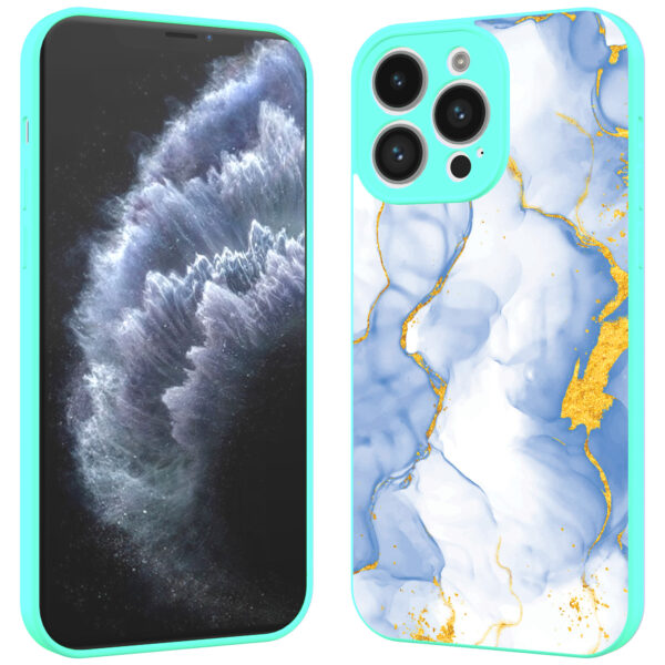 iPhone 11 Pro telefoonhoesje met lichtblauw goud marmer opdruk turqoise (2)