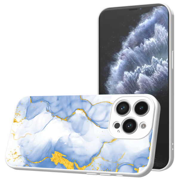iPhone 11 Pro telefoonhoesje met lichtblauw goud marmer opdruk wit (1)