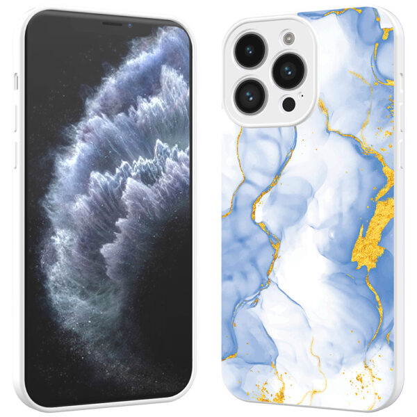 iPhone 11 Pro telefoonhoesje met lichtblauw goud marmer opdruk wit (2)