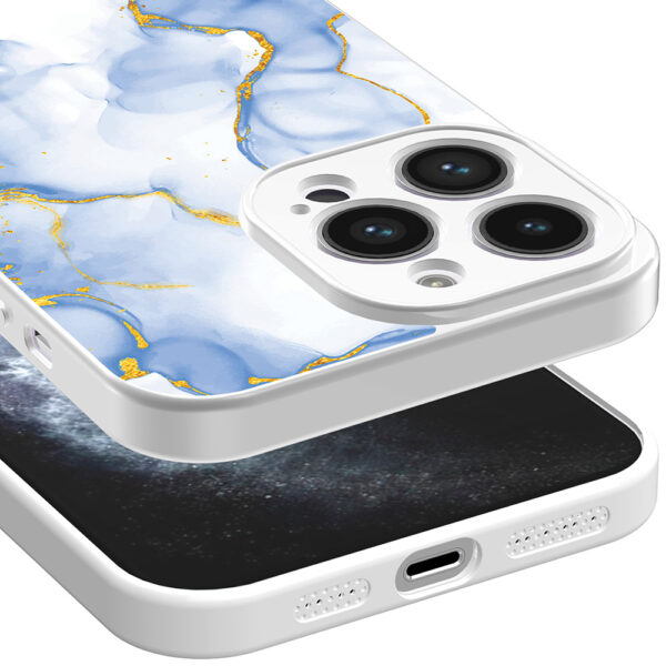 iPhone 11 Pro telefoonhoesje met lichtblauw goud marmer opdruk wit (3)