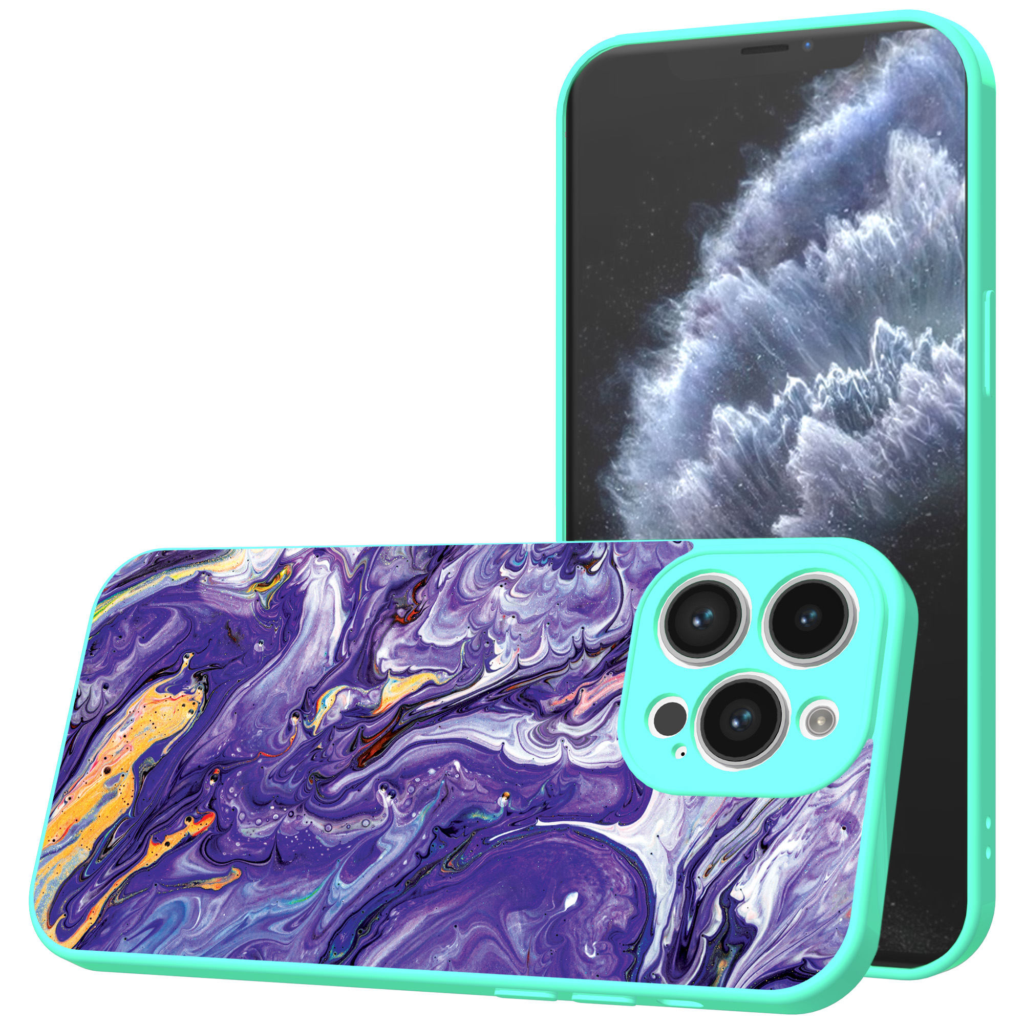 iPhone 11 Pro telefoonhoesje met paars goud marmer opdruk turqoise (1)