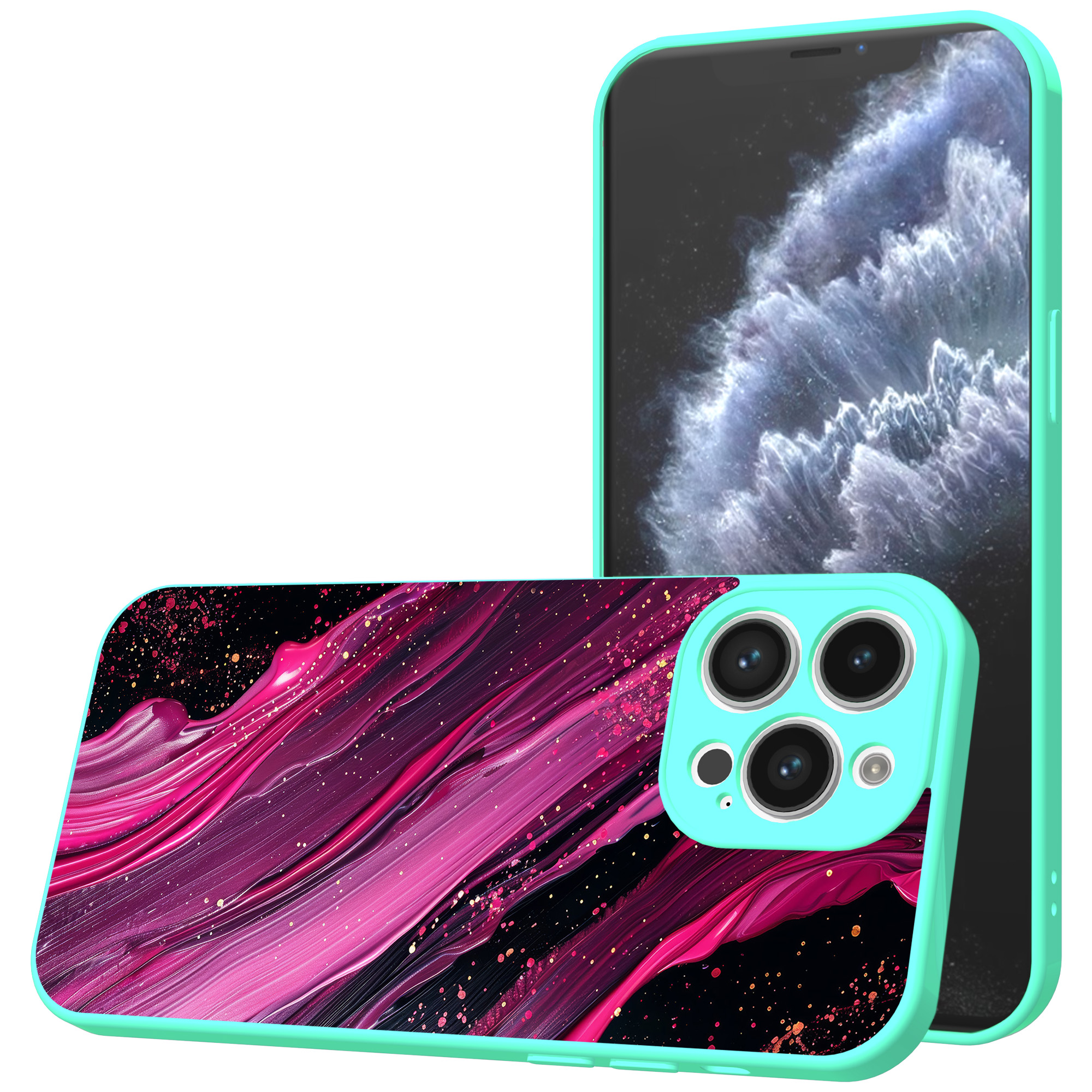 iPhone 11 Pro telefoonhoesje met paars roze marmer opdruk turqoise (1)