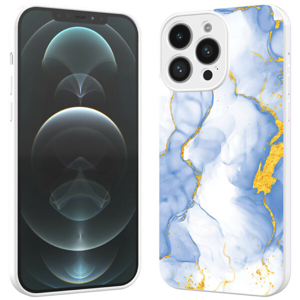 iPhone 12 Pro Max telefoonhoesje met lichtblauw goud marmer opdruk wit (2)